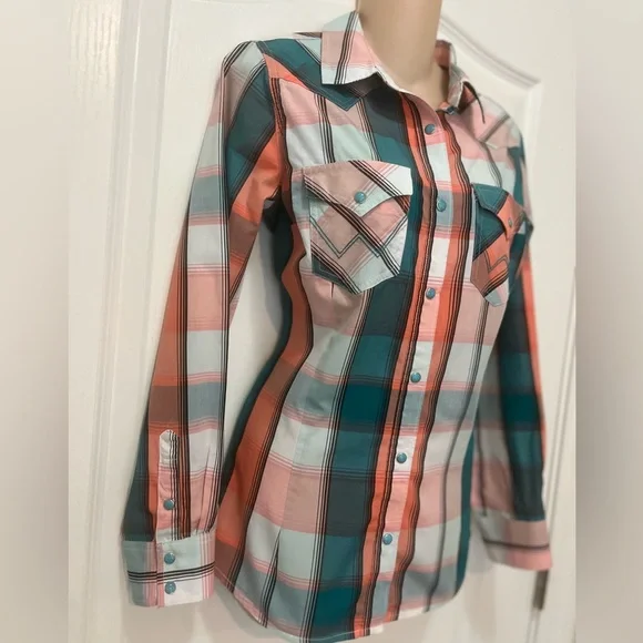 Wrangler Retro Teal and Orange Plaid Western Rodeo Turquoise Snap Shirt, Size S - Picture 4 of 10